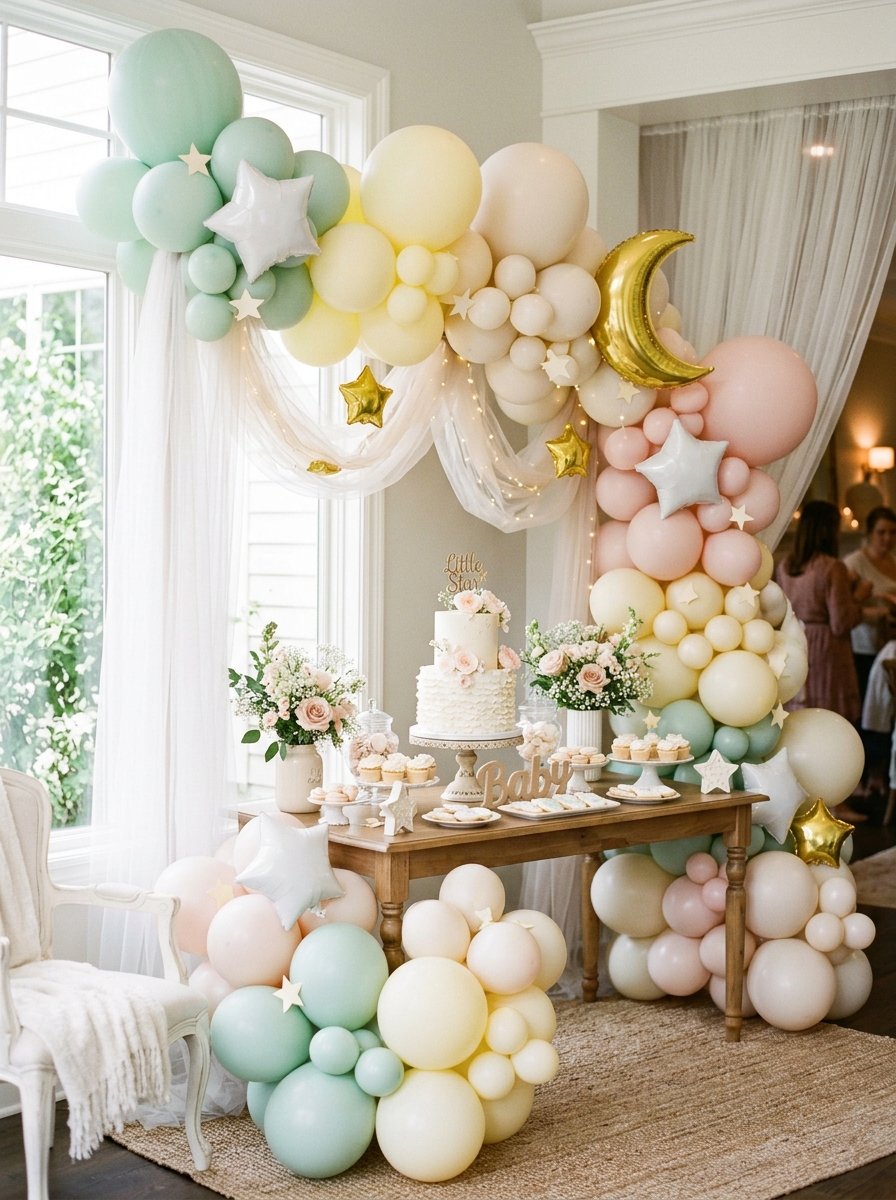 Dreamy baby shower balloon garland in soft pastel mint, yellow and blush tones