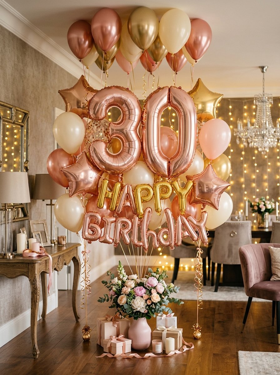 Elegant birthday balloon decoration with rose gold and gold foil balloons in a warm interior