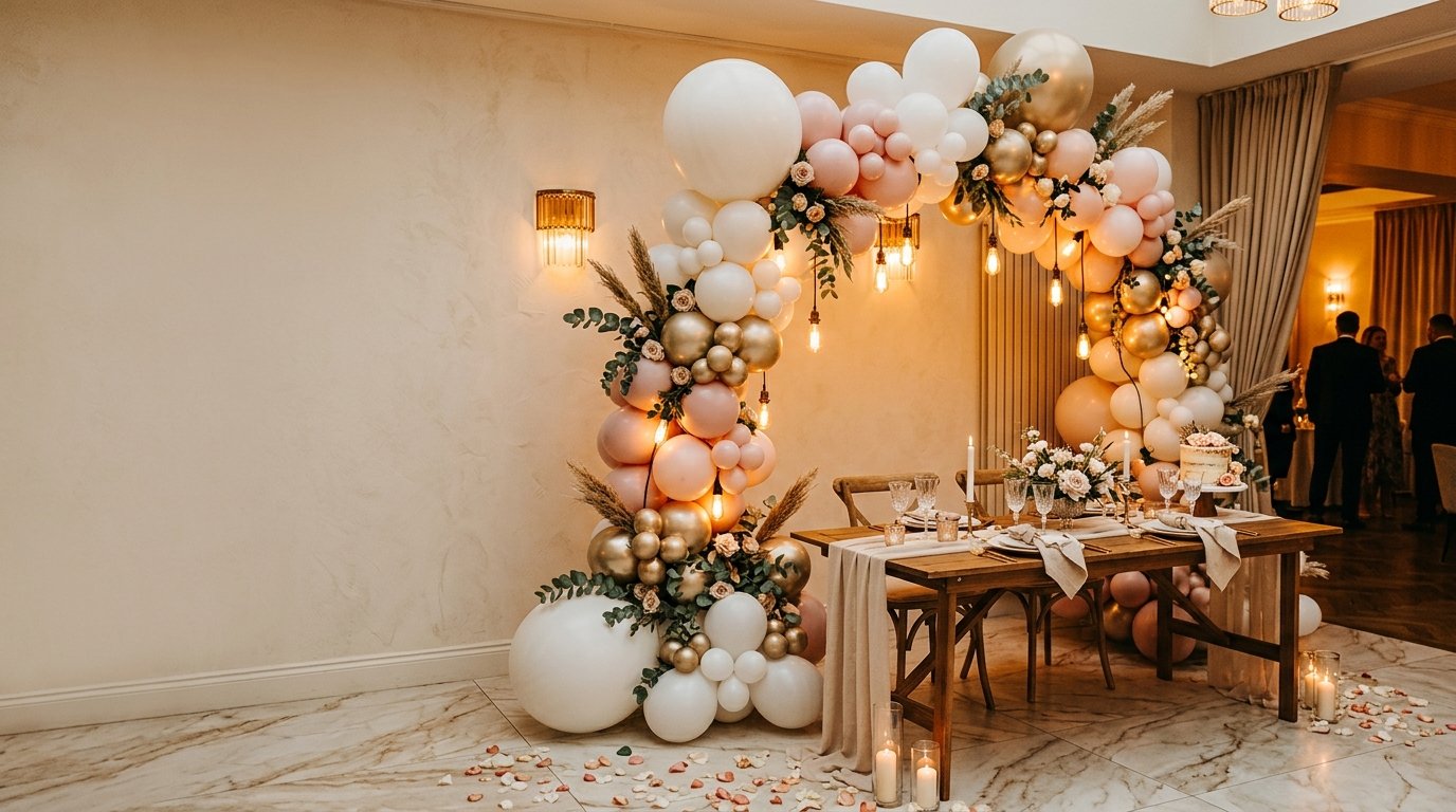 A beautifully styled celebration space with an elegant balloon arch installation