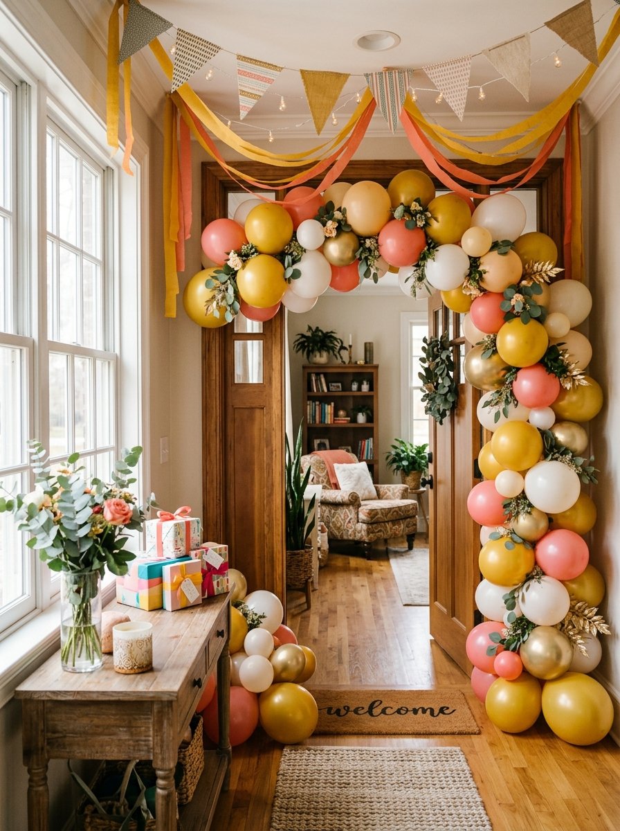 Cheerful welcome home balloon arch over a doorway with warm yellow and coral balloons